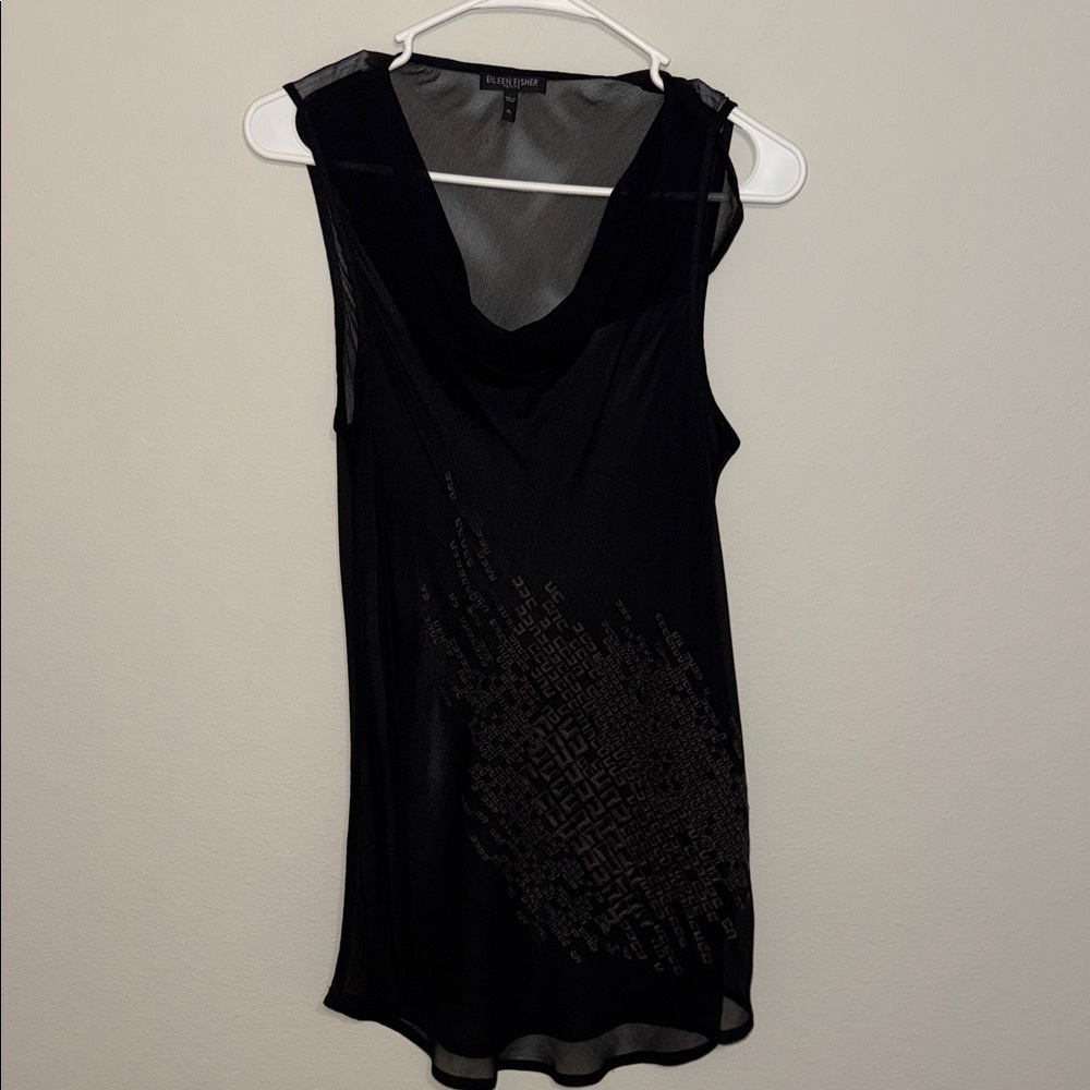 Eileen Fisher Black Drape Neck Sheer Embroidered 100% Silk Blouse - size PL. M